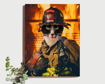 Firefighter Cat Portrait, Funny Cat Portrait, Cat Firefighter Canvas Pet Portrait, Personalized Pet Portrait Firefighter Cat, Digital Print