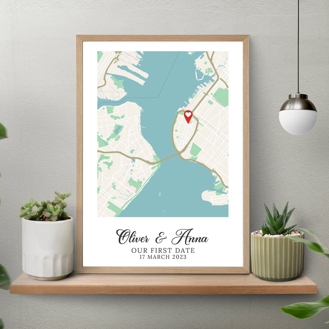 Our First Date Map Posters, Custom First Date Map Prints, Customized Anniversary Map Gifts