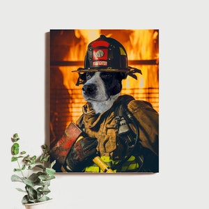 Custom Firefighter Dog Portrait, Professional Firefighter Pet Portrait, Custom Firefighter Pet Portrait Gift, Funny Canvas Pet Portrait Gift