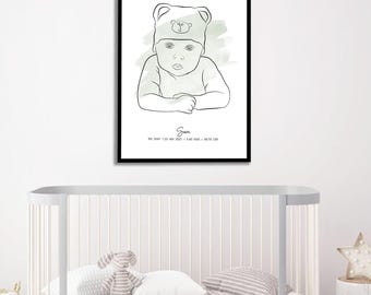 Retrato de bebé enmarcado, retrato de bebé en lienzo, póster de arte lineal personalizado para bebés, retrato de bebé recién nacido, regalo de retrato personalizado para recién nacidos