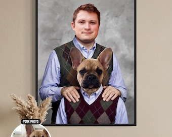 May include: A framed portrait featuring a person wearing a light blue shirt and a brown argyle sweater vest, with a French Bulldog head superimposed over the person's head. A small circular inset shows the original French Bulldog photo.