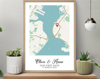 Our First Date Map Posters, Custom First Date Map Prints, Customized Anniversary Map Gifts, Personalized Map Location Posters, Digital Print