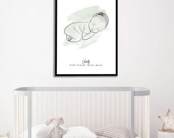 Retrato de bebé en acuarela con arte lineal, retrato de recién nacido, decoración de habitación infantil con retrato de bebé, retrato enmarcado para bebé, retrato de bebé en lienzo