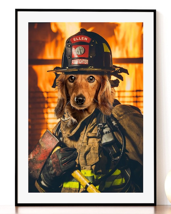 Firefighter Pet Portrait, Firefighter Gift Ideas, Fire Fighter Dog Portrait, Dog Portrait Fire Fighter, Fire Fighter Gift For Him or Her