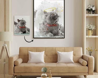 Pet Loss Memorial Pet Portrait, Custom Cat Loss Pet Portrait, Angel Wings and Halo Pet Portrait, Personalized Pet Loss Painting Portrait