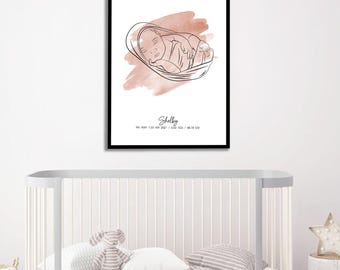 Retrato de bebé en acuarela, regalos de retrato de bebé, póster personalizado para bebé, retrato de bebé con arte lineal, póster personalizado con arte lineal para baby shower.