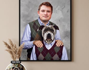 May include: A framed portrait featuring a person wearing a light blue shirt and a green argyle sweater vest, with a dog's head superimposed over the person's head. The text PREVIEW IN 24 HOURS and 100% MONEY-BACK GUARANTEE appears above.