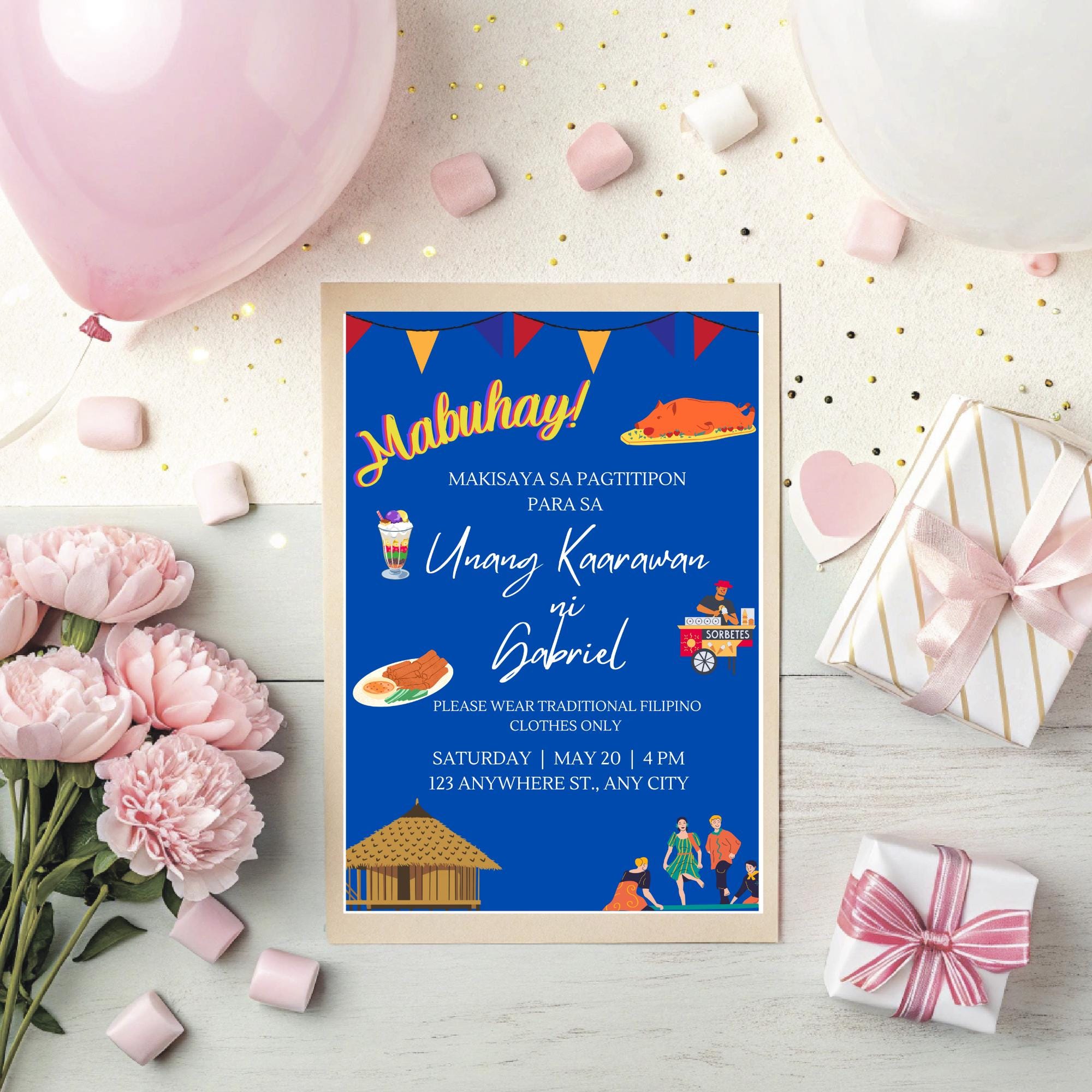 Filipino Fiesta 1st Birthday Invitation | Mabuhay Theme | Editable 5x7 ...