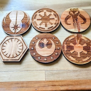 Solid Cedar Star Wars Faction Logo Coasters - Laser Engraved Rebel Alliance | Galactic Empire | Jedi Order | Mandalorian + MORE