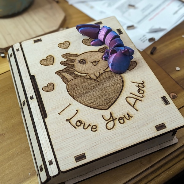 Cute Valentine's Day Sliding Gift Box - I Love You Alotl - Axolotl Engraved Cover with 3D Printed Axolotly  Included - Oversized Plywood