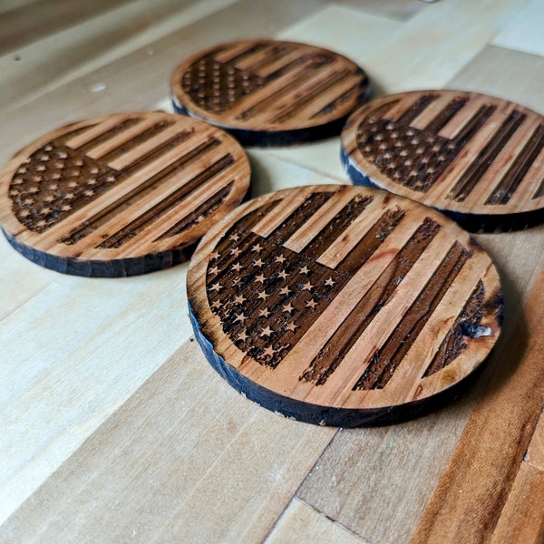 Round Distressed American Flag Coasters - Set of 4 - Memorial Day Or July 4th BBQ - Laser Engraved Solid Cedar Wood- 4 Inch Rustic Americana