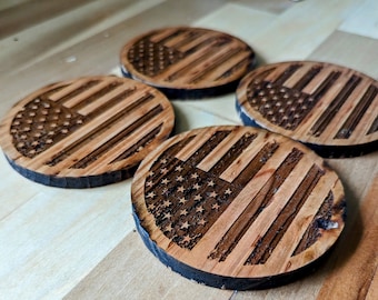 Round Distressed American Flag Coasters - Set of 4 - Memorial Day Or July 4th BBQ - Laser Engraved Solid Cedar Wood- 4 Inch Rustic Americana