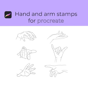 Könnte beinhalten: Digitale Illustration mit sechs Strichzeichnungen von Händen in verschiedenen Posen, als Stempel für die Procreate-App konzipiert. Der Text "Hand and arm stamps for procreate" ist über den Handillustrationen zu sehen. Das Procreate-Logo ist sichtbar.