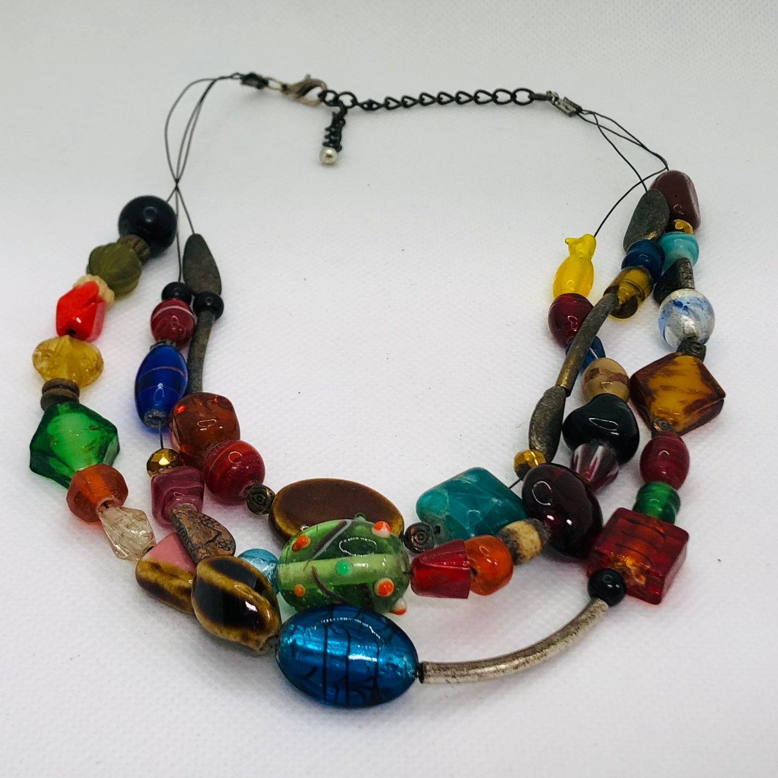 Italian Style Multicolored Glass Beads Triple Strand Necklace Etsy