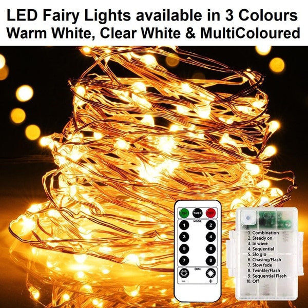 LED Fairy Lights Battery Powered Remote Operated Copper 33FT/10M 100 Christmas String Lights White Golden MultiColored Birthday Party Lights