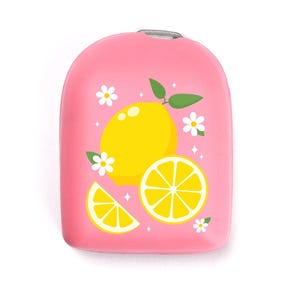 May include: Pink travel case with a lemon and flower design.