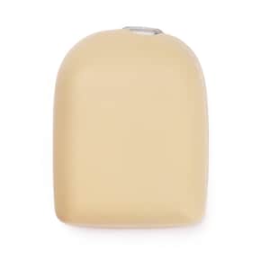 May include: A beige, oval-shaped, silicone ear mold.