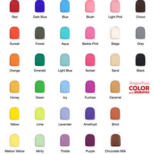 May include: A chart of 24 different colored round shapes, each with a name underneath. The chart is titled "Sugarfam COLOR your diabetes".