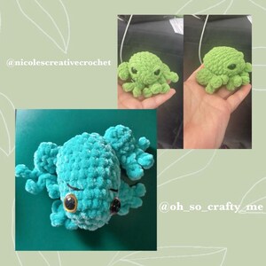 May include: Two crocheted frog plushies, one green and one teal blue. The teal blue frog is lying on a surface, while the green frog is being held by a hand. The text '@oh_so_crafty_me' is visible in the bottom right corner of the image. The text '@nicolescreativecrochet' is visible in the top left corner of the image.