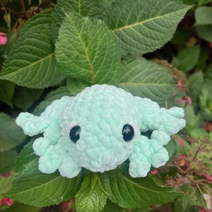 May include: A light blue crocheted octopus with black eyes. The octopus is sitting on a bed of green leaves.