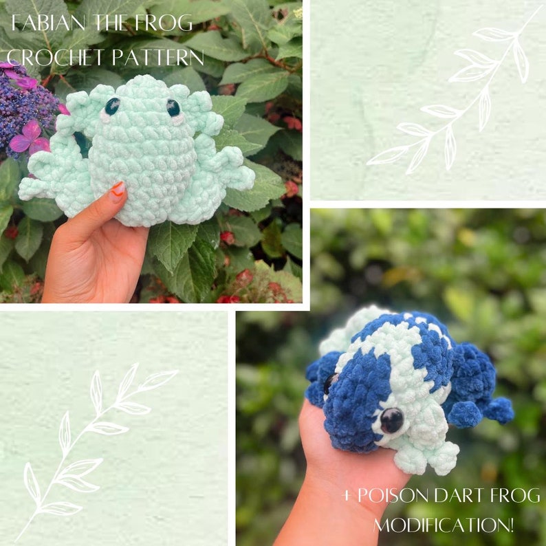 May include: A crochet pattern for a green frog named Fabian. The pattern includes a poison dart frog modification. The frog is made with a soft, textured yarn and has large, black eyes.