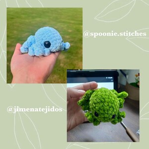 May include: Two crocheted octopus plushies, one blue and one green, with black eyes. The blue octopus is held in a hand, while the green octopus is held in a hand on a laptop screen. The text '@spoonie.stitches' is visible in the top right corner of the image. The text '@jimenatejidos' is visible in the bottom left corner of the image.