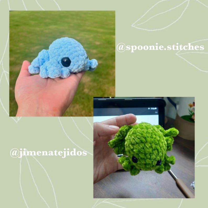May include: Two crocheted octopus plushies, one blue and one green, with black eyes. The blue octopus is held in a hand, while the green octopus is held in a hand on a laptop screen. The text '@spoonie.stitches' is visible in the top right corner of the image. The text '@jimenatejidos' is visible in the bottom left corner of the image.