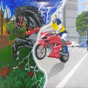 Acrylic painting speed biker knight medieval scene