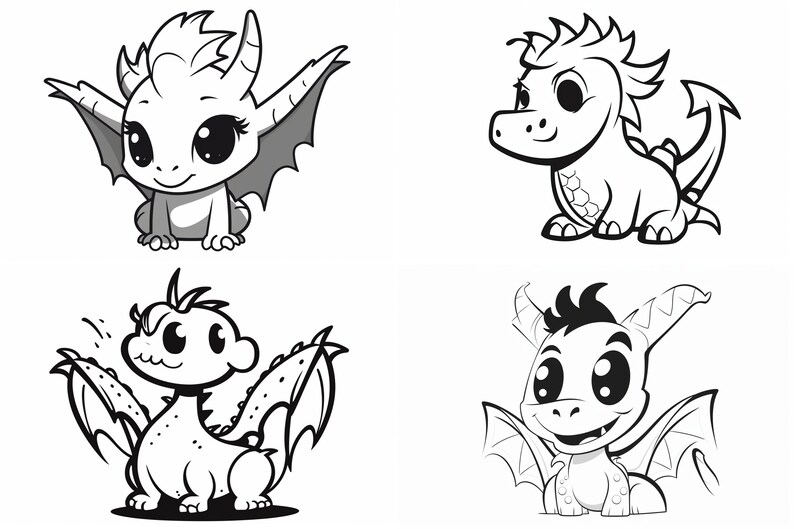 K&ouml;nnte beinhalten: Vier Cartoon-Drachen in Schwarz-Wei&szlig;. Jeder Drache hat gro&szlig;e Augen, Fl&uuml;gel und H&ouml;rner. Die Drachen sind in verschiedenen Posen, einige sitzen und andere mit ausgebreiteten Fl&uuml;geln.