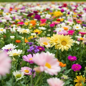 May include: A field of colourful wildflowers in full bloom. The image shows a diverse array of flowers in shades of pink, yellow, white, purple, and orange, creating a lively and natural scene. The flowers are set against a backdrop of green foliage.