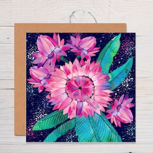Botanical Watercolour Greeting card - Pink/midnight blue - hand-painted -recycled