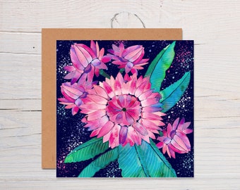 Botanical Watercolour Greeting card - Pink/midnight blue - hand-painted -recycled