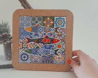 Cork Base With Ceramic / Cork Art / Cork Coaster / Kitchen Utensils / Ceramic Tile / Ceramic Sardine / Christmas Gift