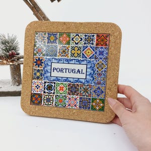 Kurkbasis met keramiek Portugal Kleurrijke tegels / Kurkkunst / Kurkonderzetter / Keukengerei / Keramische tegels / Kurkbasis keramiek / Reiscadeau