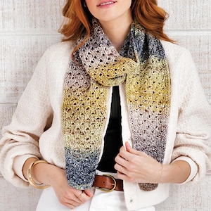 May include: A long, multi-colored scarf with a lacy knit pattern. The scarf is made of a soft, yarn and features shades of blue, green, yellow, and brown.