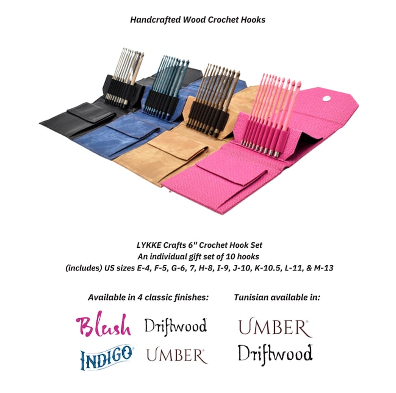 Puede incluir: Conjunto de 10 ganchillos de madera hechos a mano en una caja plegable. Los ganchillos est&aacute;n disponibles en cuatro colores: rubor, &iacute;ndigo, madera flotante y sombra. La caja est&aacute; disponible en negro, azul, marr&oacute;n y rosa.