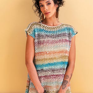 May include: A multi-coloured, open-weave top with short sleeves. The top features horizontal stripes in shades of blue, orange, purple, and cream. The garment has a loose, comfortable fit, suitable for warm weather. The top is a stylish addition to any wardrobe.