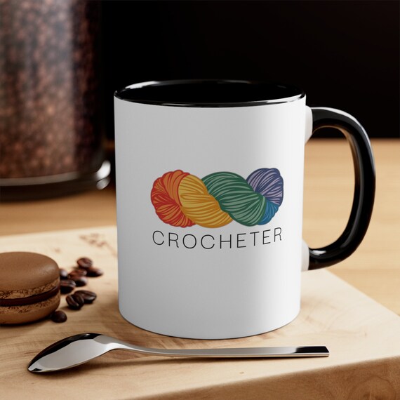 Rainbow Yarn Crocheter Two-Tone Coffee Mug, Crochet Mug, Mug for Crocheter, Gift for Crocheter, 11oz Ceramic Mug, Coffee Mug, Tea Cup