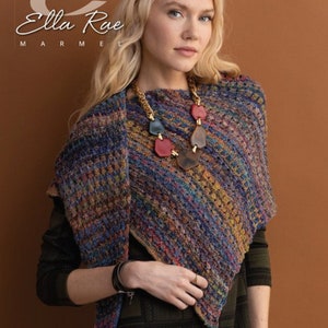 May include: A multi-colored shawl with a textured knit pattern. The shawl is draped over a person wearing a black and green patterned shirt. The text "Ella Rae Marmel" is visible in the top left corner of the image.
