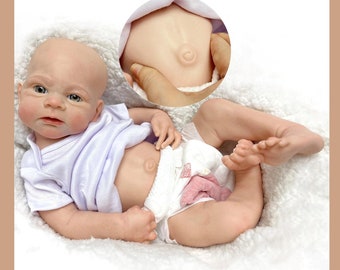 45cm Neugeborenen Realistische Lebensechte Voll Feste Silikon Reborn Puppe, Handgefertigte Puppe 3D Gemalt Haut und Unlackierte Babypuppe, Wasserdicht