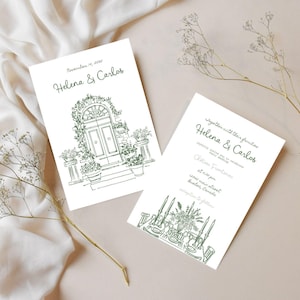 May include: Two white wedding invitations with green text and illustrations. One features a door with floral accents, the other a table setting. Text includes names "Helena & Carlos" and event details.