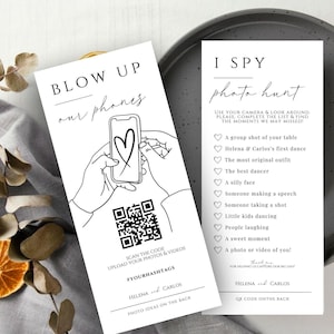 I spy wedding game Capture the Love photo scavenger hunt wedding game card, Pics Or It Didn't Happen Canva camera QR Code