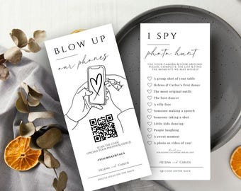 I spy wedding game Capture the Love photo scavenger hunt wedding game card, Pics Or It Didn't Happen Canva camera QR Code
