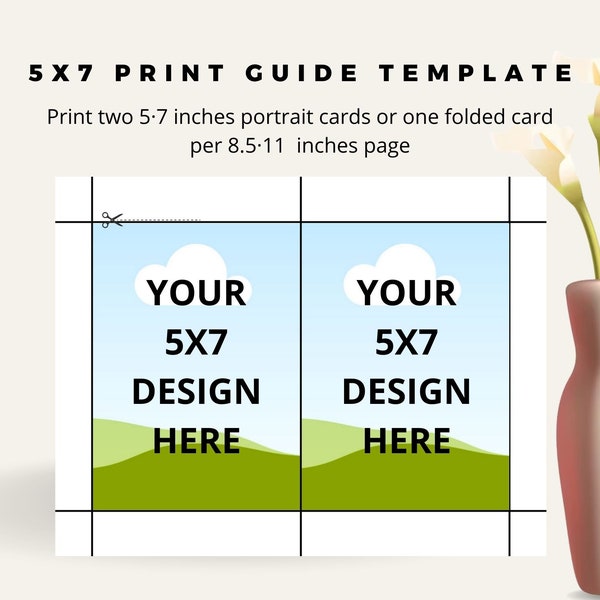 5x7 Portrait Invitation Card Printing Template, 5x7 Greeting Card Printing Cut Guide, Digital 8.5x11 Template, Cutting Guideline