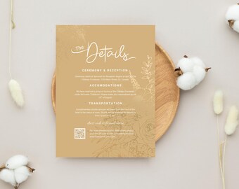 Honeydew Wedding Details Card Template, Gold Modern Minimalist Insert with Hand-Drawn flower, Custom Stationery Information Card Enclosure