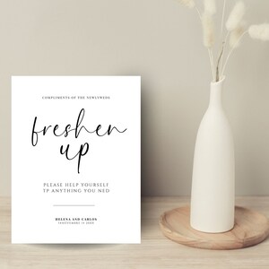 Wedding bathroom sign template, wedding freshen up sign, modern bathroom wedding sign, Canva editable download, Handwriting Wedding Sign