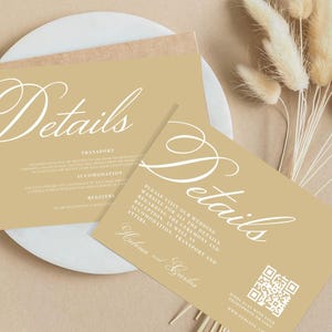 Wedding Invite Details Card TEMPLATE Modern Qr Code Insert, Script Printable Enclosure Card Editable Minimalist Accommodation Golden Whisper