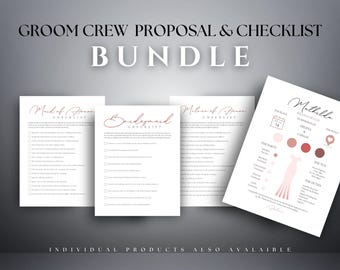 May include: A bundle of wedding planning checklists and proposal cards. The text includes "Groom Crew Proposal & Checklist Bundle" and "Individual Products Also Available." The checklists are for the Maid of Honor, Bridesmaid, and a personalized wedding party card.