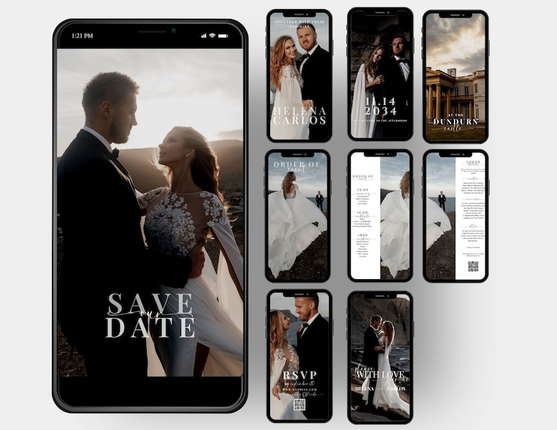 May include: A wedding invitation suite with a black and white color scheme. The save the date card features a couple in a romantic pose with the text "Save the Date" in a modern font. The other cards include details about the wedding ceremony, reception, and RSVP information.
