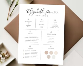 Bridesmaid Info Card Template, Bridal Party Information Card, Modern Minimalist Bridesmaid Infographic, Bridesmaids Proposal, Maid of Honor